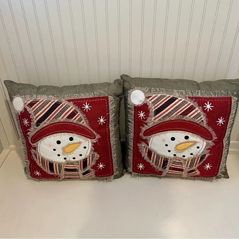 Festive Snowman Holiday Throw Pillows - Red and Olive - Set of 2
